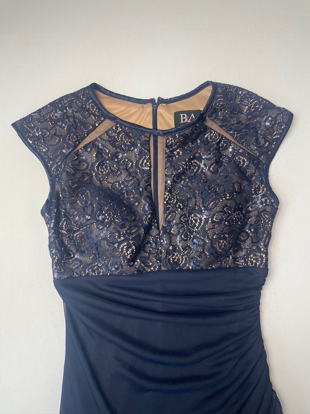 B&A by Betsy & Adam Navy Sequin Lace Ruched Cocktail Dress Size 2 - Picture 5 of 9